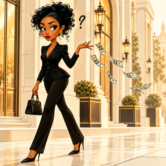 Illustrated Black woman walking confidently and tossing dollar bills with a skeptical expression and question mark, representing a test of AI prompts to make money.